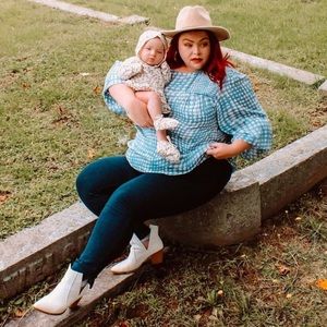 East Adeline Dia & Co. Cerulean Blue Beige Patterned Peasant Sleeve Tunic 3X